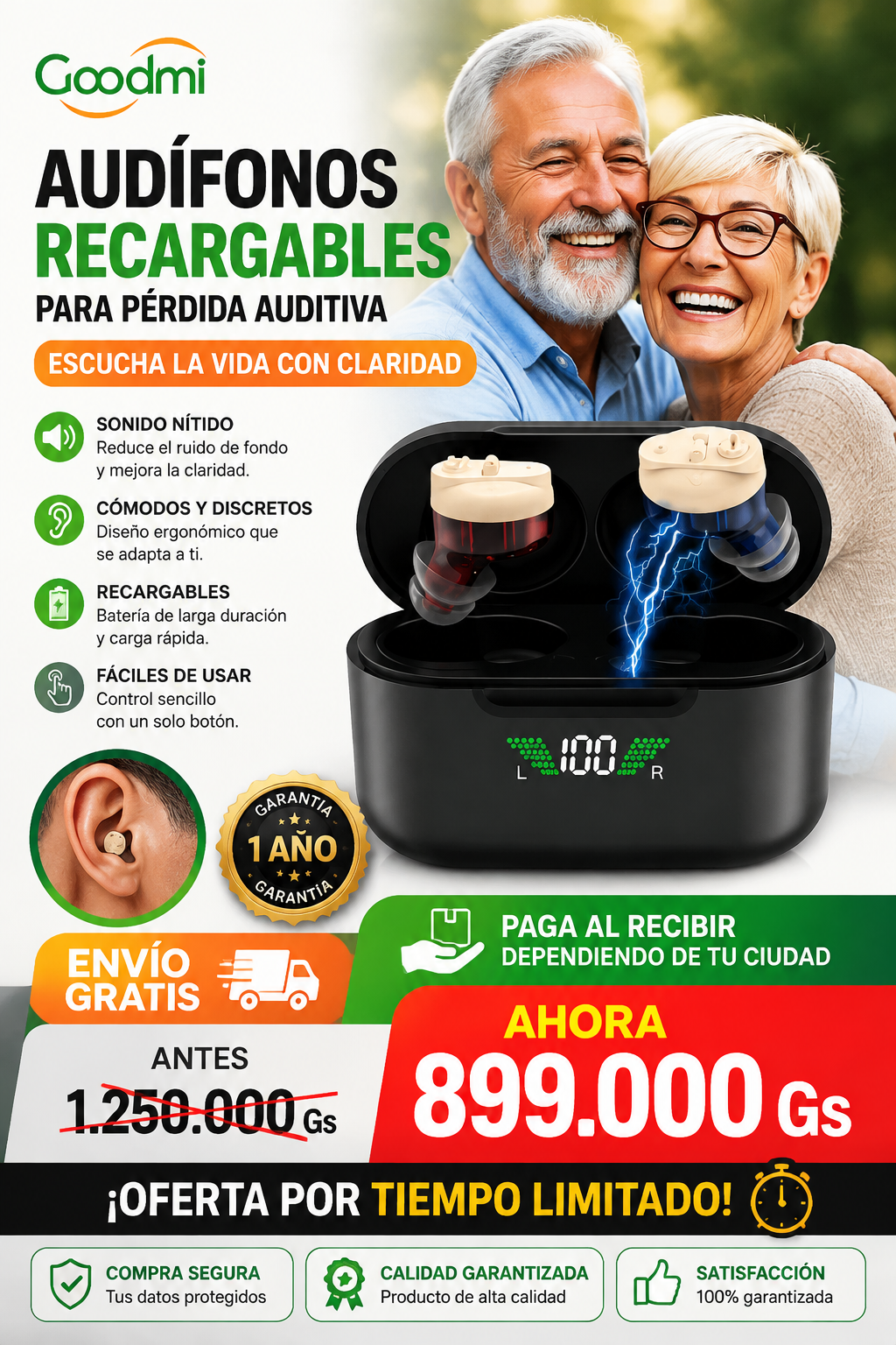 Aud&iacute;fonos Recargables GOODMI &ndash; Par con Estuche de Carga