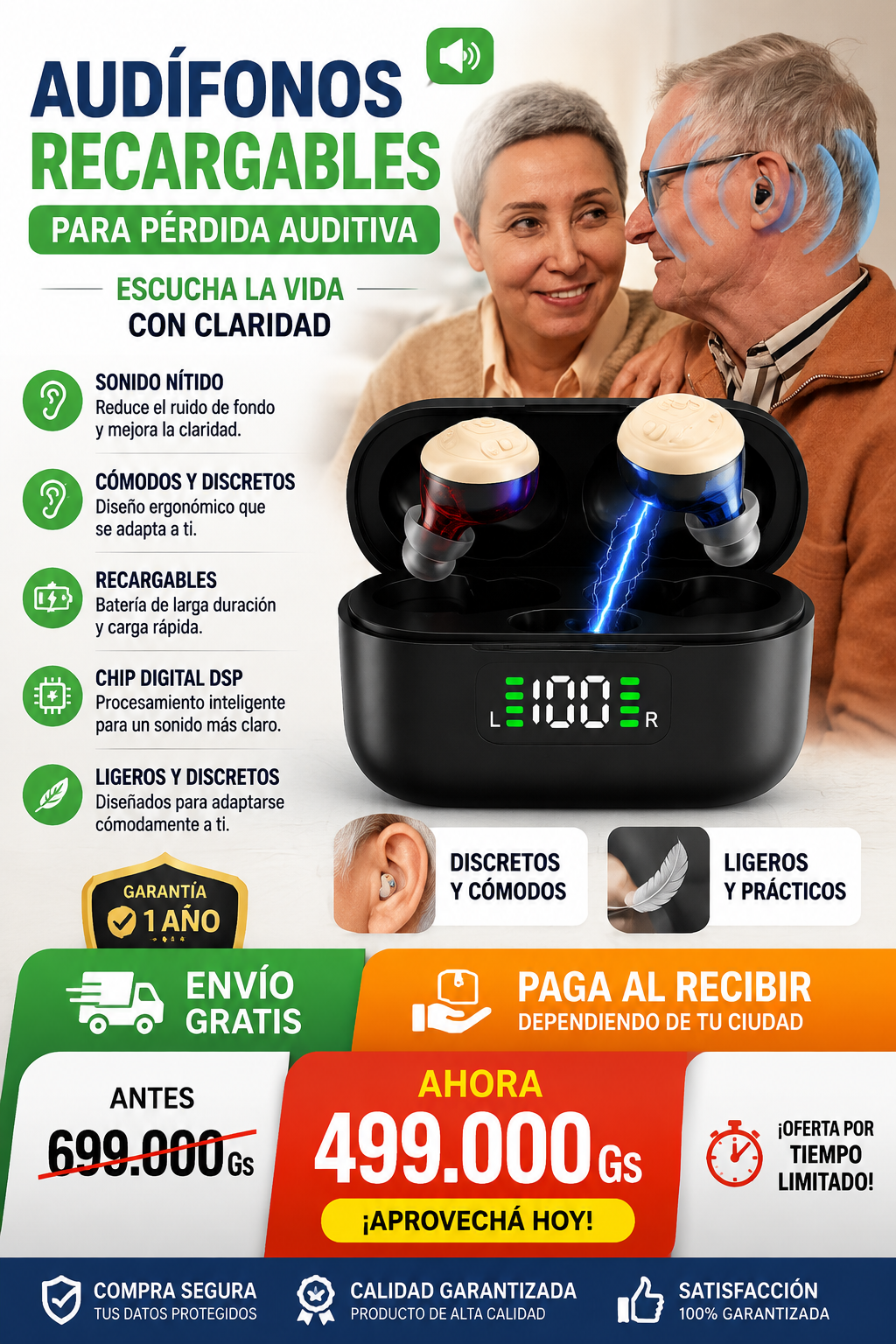 Aud&iacute;fonos Recargables para P&eacute;rdida Auditiva DSP &ndash; Par con Estuche de Carga