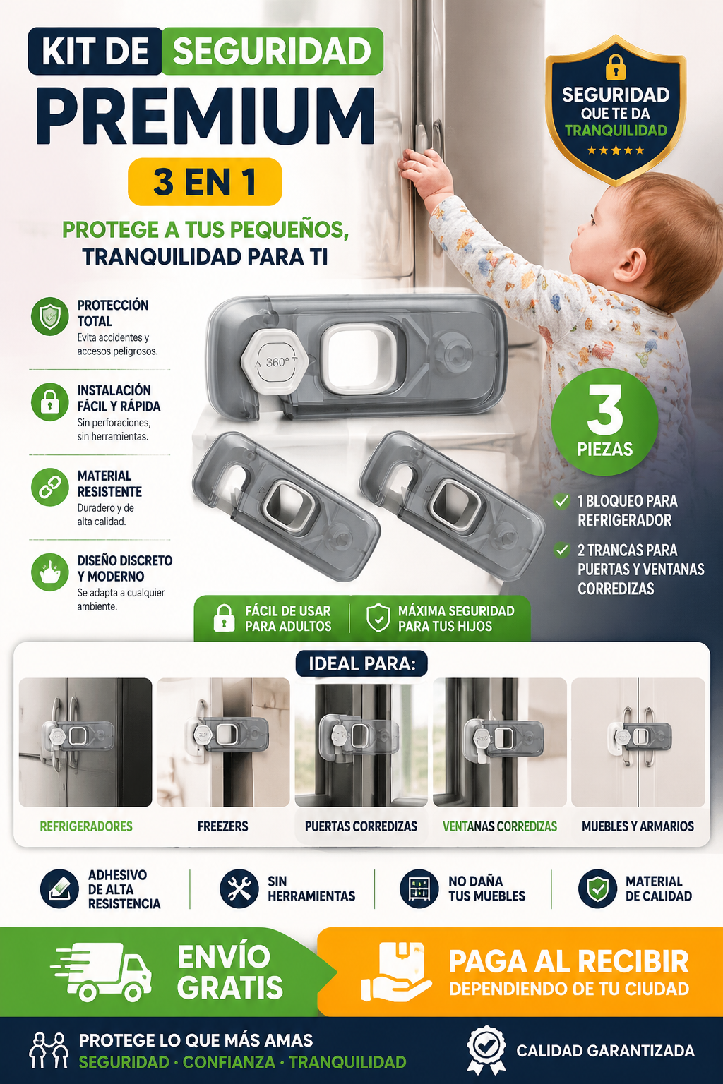 Kit de Seguridad Infantil 3 en 1 &ndash; Seguros para Puertas, Ventanas y Refrigerador