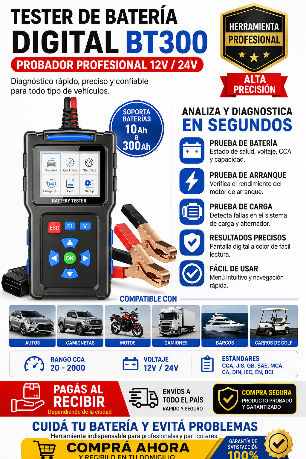 Tester de Bater&iacute;a Digital BT300 &ndash; 12V/24V