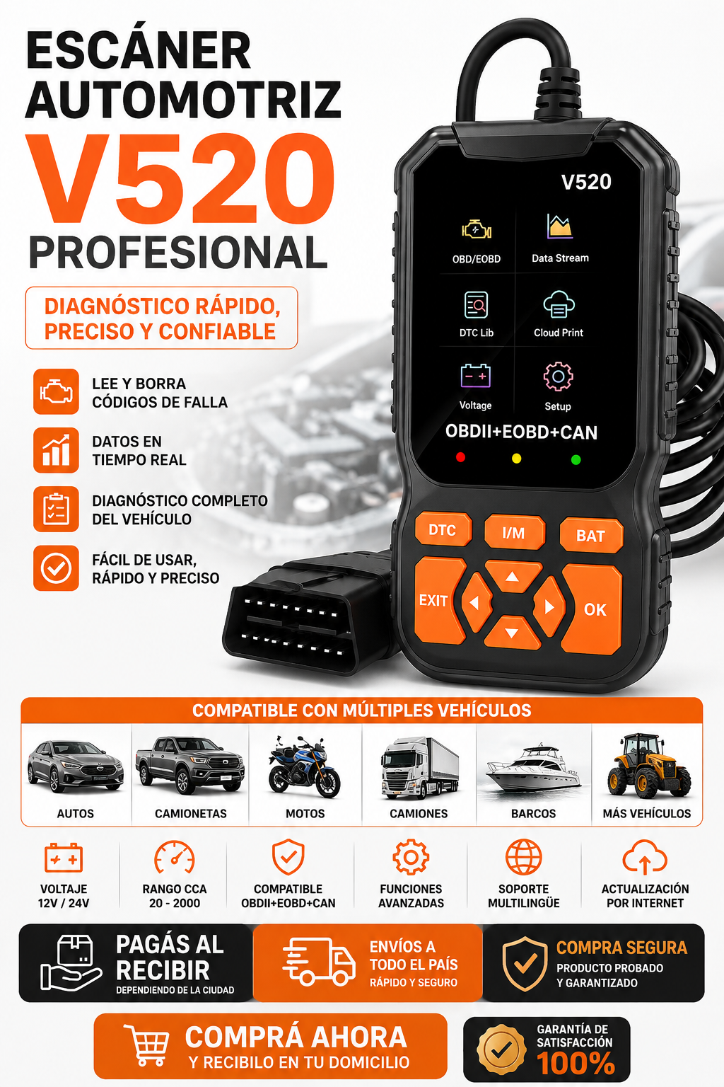 Esc&aacute;ner Automotriz OBD2 V520 Profesional &ndash; Diagn&oacute;stico para Gasolina y Di&eacute;sel