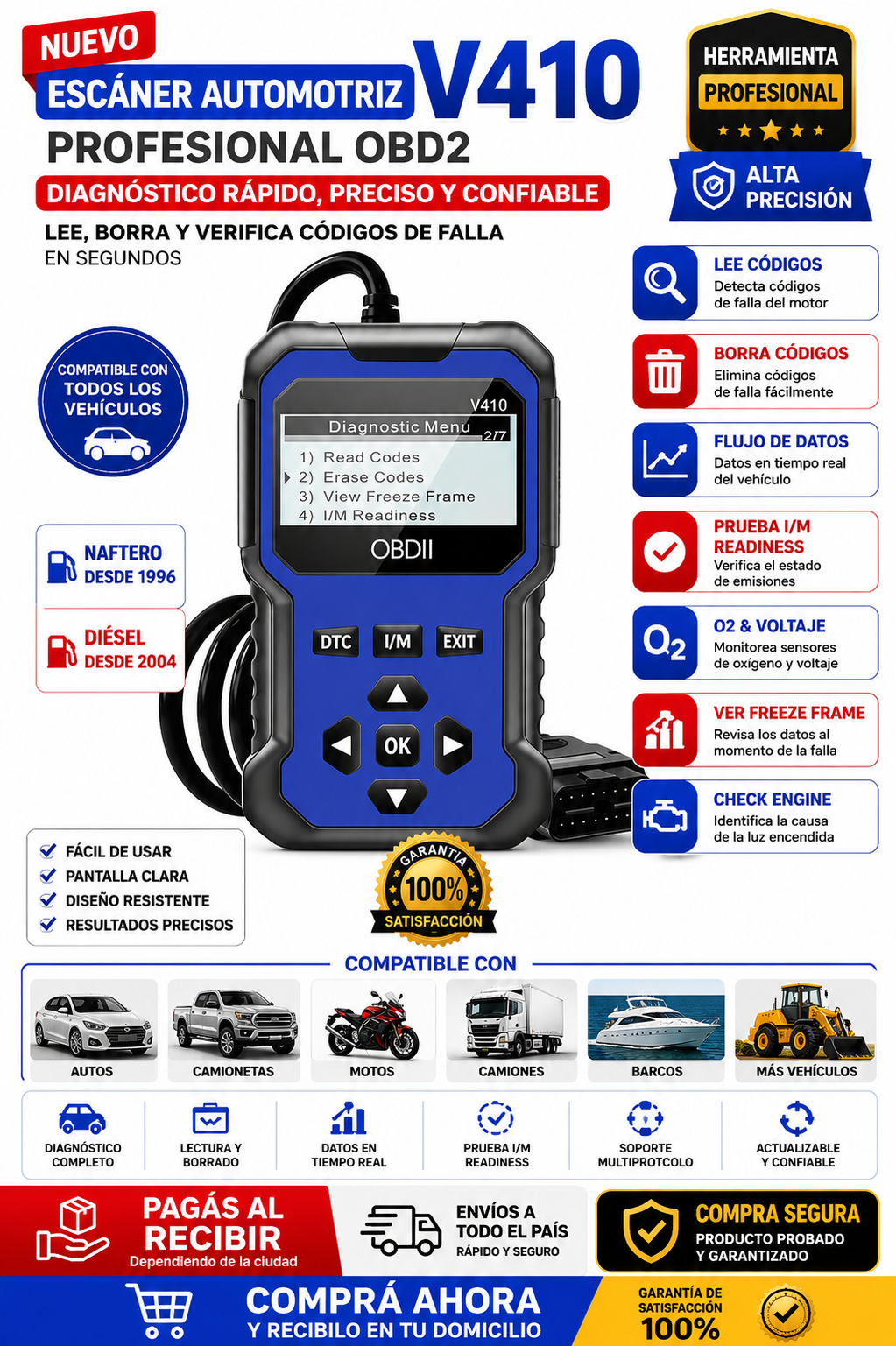 Esc&aacute;ner Automotriz OBD2 V410 Profesional &ndash; Lector y Borrador de C&oacute;digos
