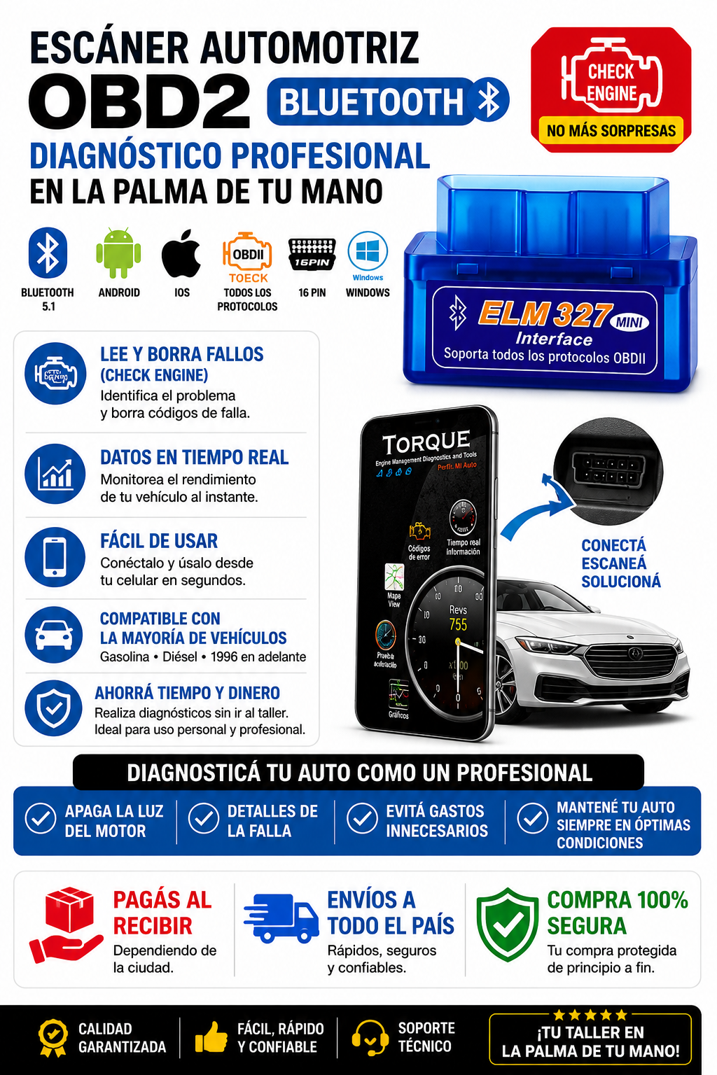 Esc&aacute;ner Automotriz OBD2 Bluetooth ELM327