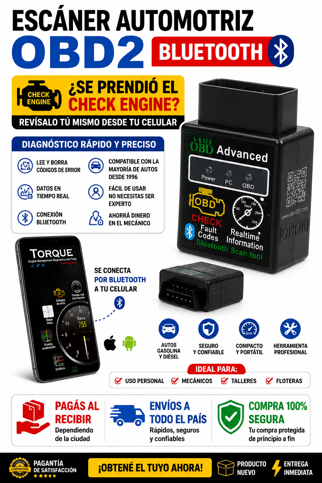 Esc&aacute;ner Automotriz OBD2 Bluetooth