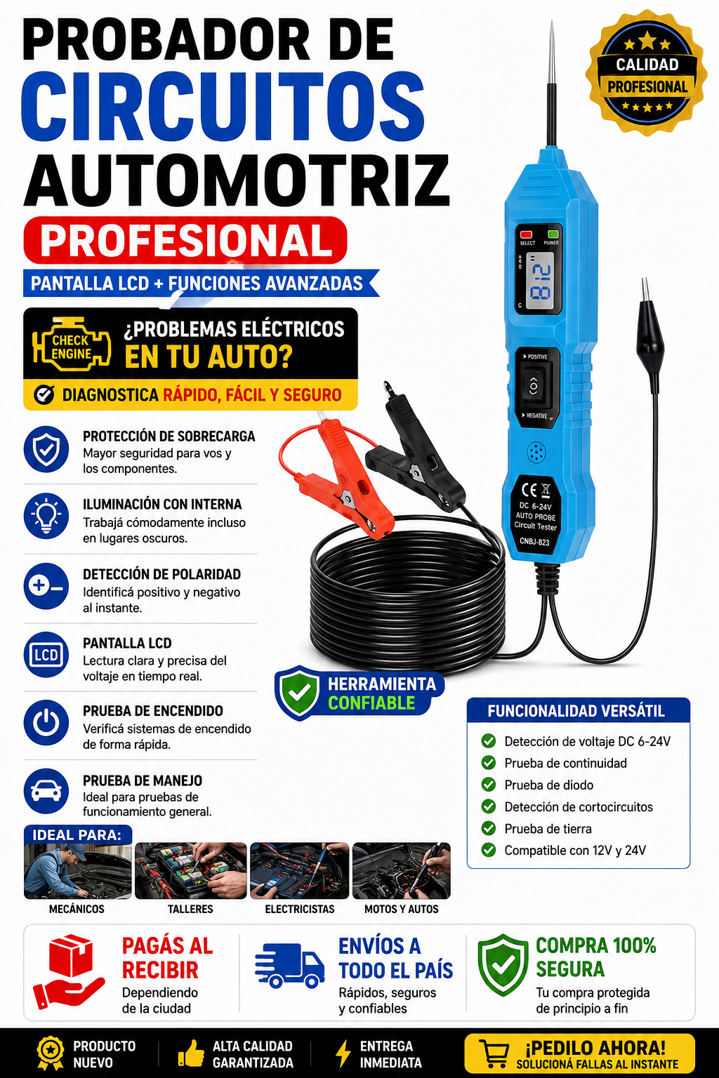 Probador de Circuitos Automotriz Profesional 12V y 24V
