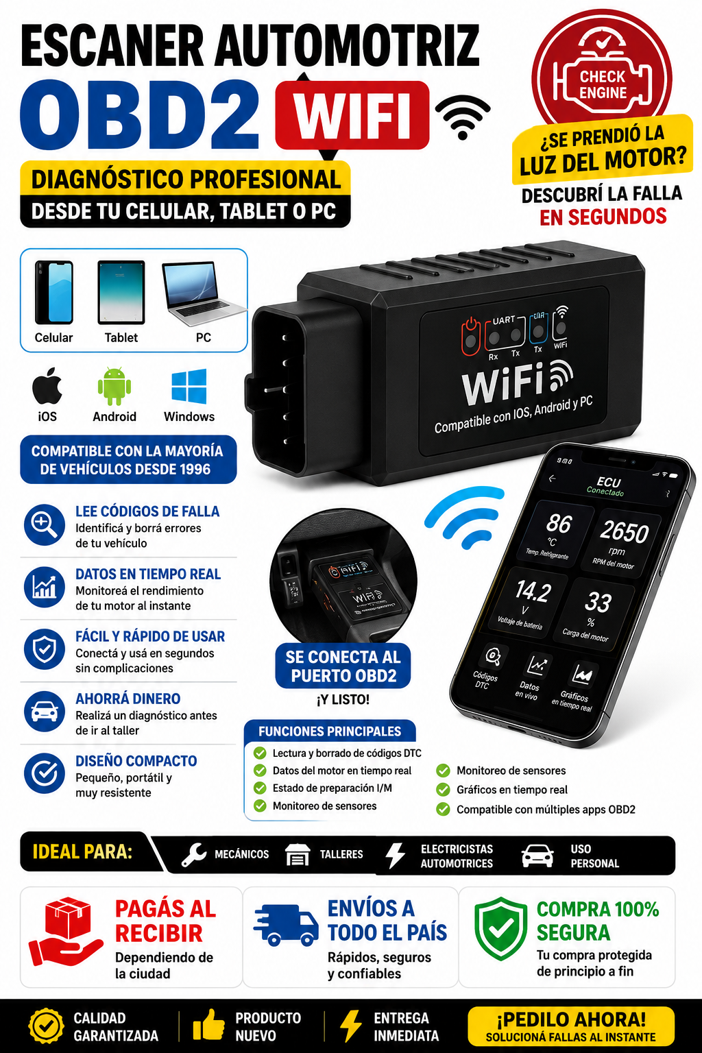 Esc&aacute;ner Automotriz OBD2 WiFi &ndash; Diagn&oacute;stico para Celular, Tablet y PC